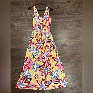 Silk/poly blend dress pale yellow with vivid red pink and blue floral